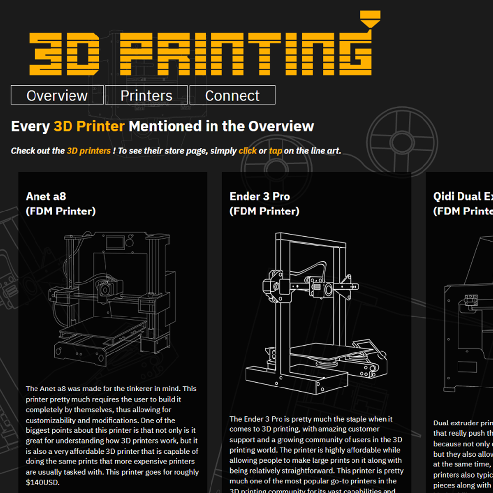 Screenshot of my 3D printing website where the page is an overview of some 3D printers with the dark yellow title of the website. The pictures of the printers are in white lineart with three in a row.