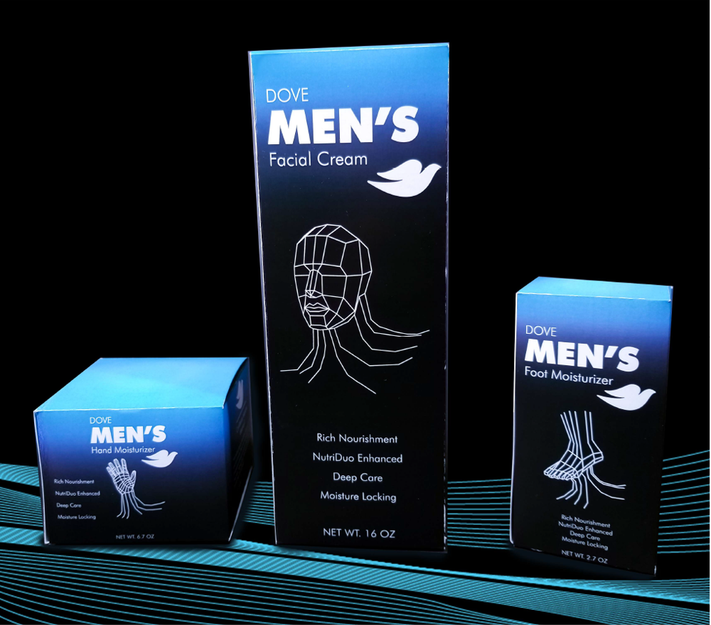 Picture of the Dove for Men project. Only has the box packaging of the creams on a black background with blue lineart going across the box.