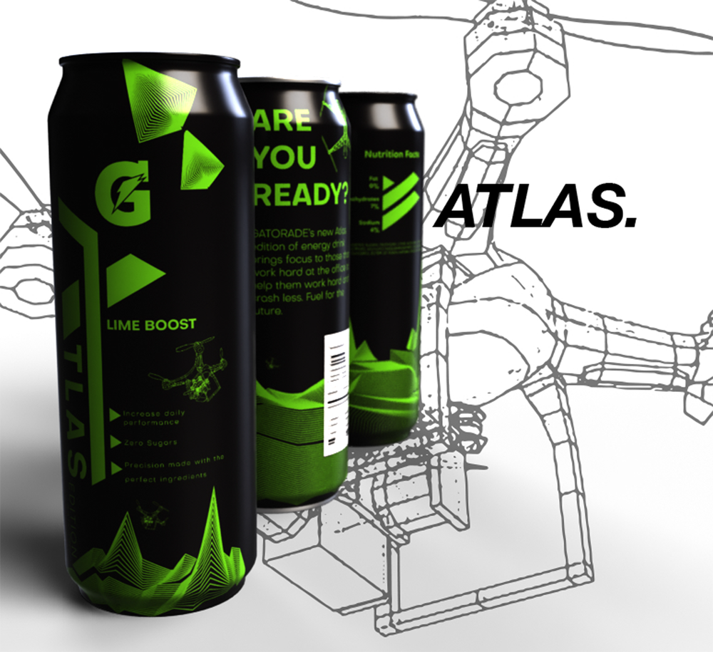 Render of Gatorade Atlas project showing all sides of a can to the viewer with some lineart of a drone in the background.