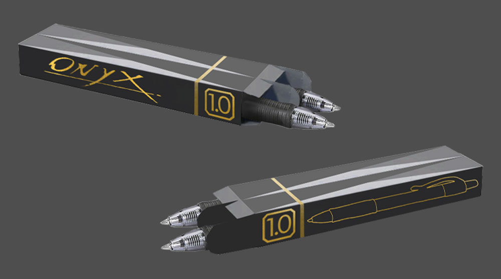 This image shows a realistic render of the product inside of its packaging, which is a black box that contains two pens where one side has the logo of the brand in gold and on the other side of the box has the silhouette of the pen in gold.