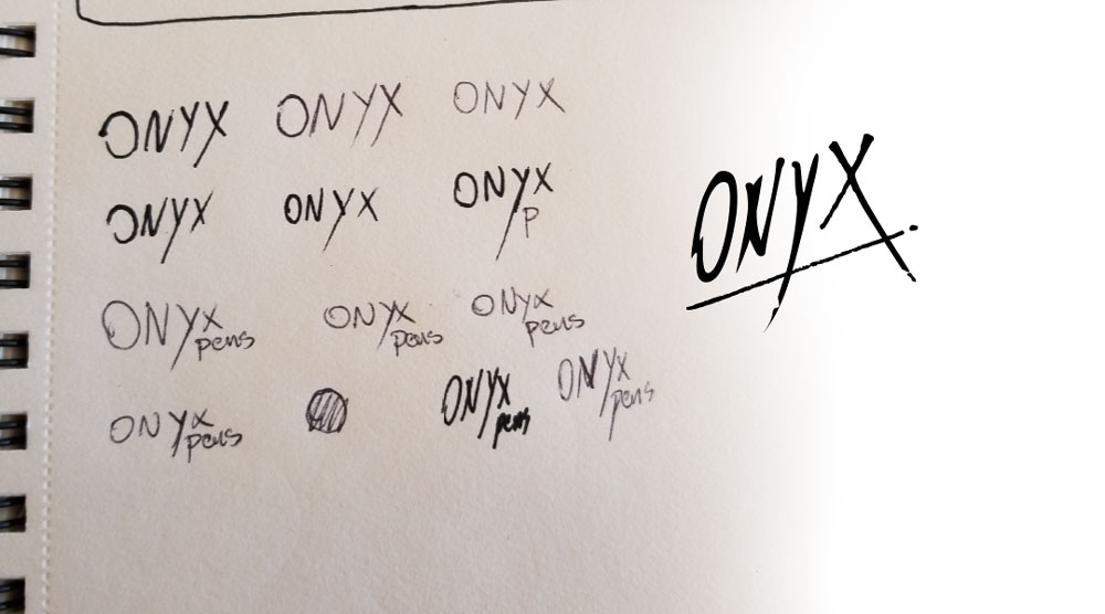 This image shows the logo concepts of the Onyx brand, the sketched concepts that led up to the final product.