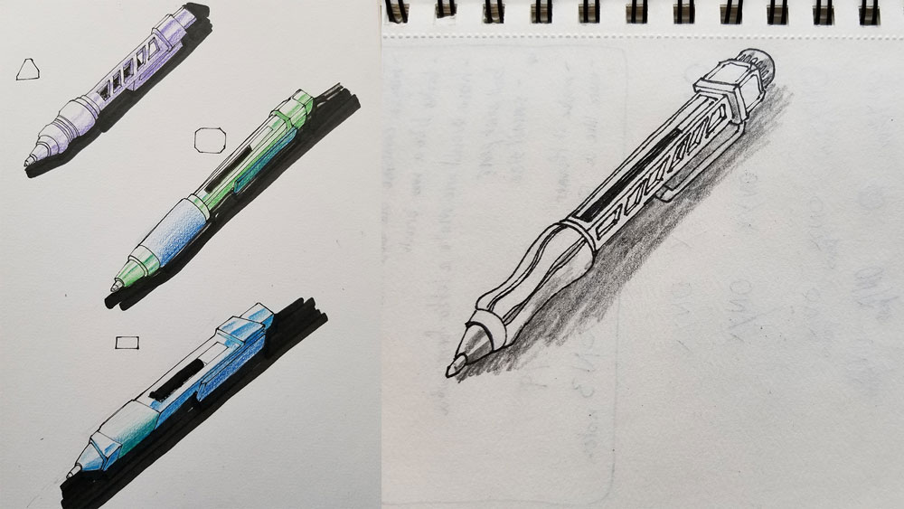 This image shows the sketch concepts of what the product could be that implements the ideals of the company, being unique, modern, and eco-friendly.